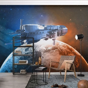 Tapet Standard Eco - O navă spațială în spațiu, deasupra planetei - 100x70cm - Observator atent - Decorațiune modernă pentru perete pentru living și dormitor ARTTOR