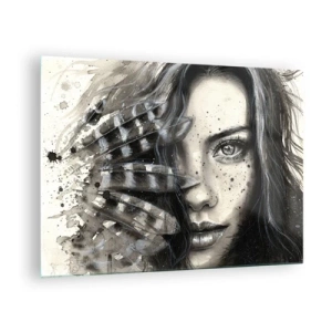 Tablou pe sticlă - Portret de femeie cu pene și detalii abstracte - 70x50cm - Frumusețe sălbatică - Decorațiune modernă pentru perete pentru living și dormitor ARTTOR