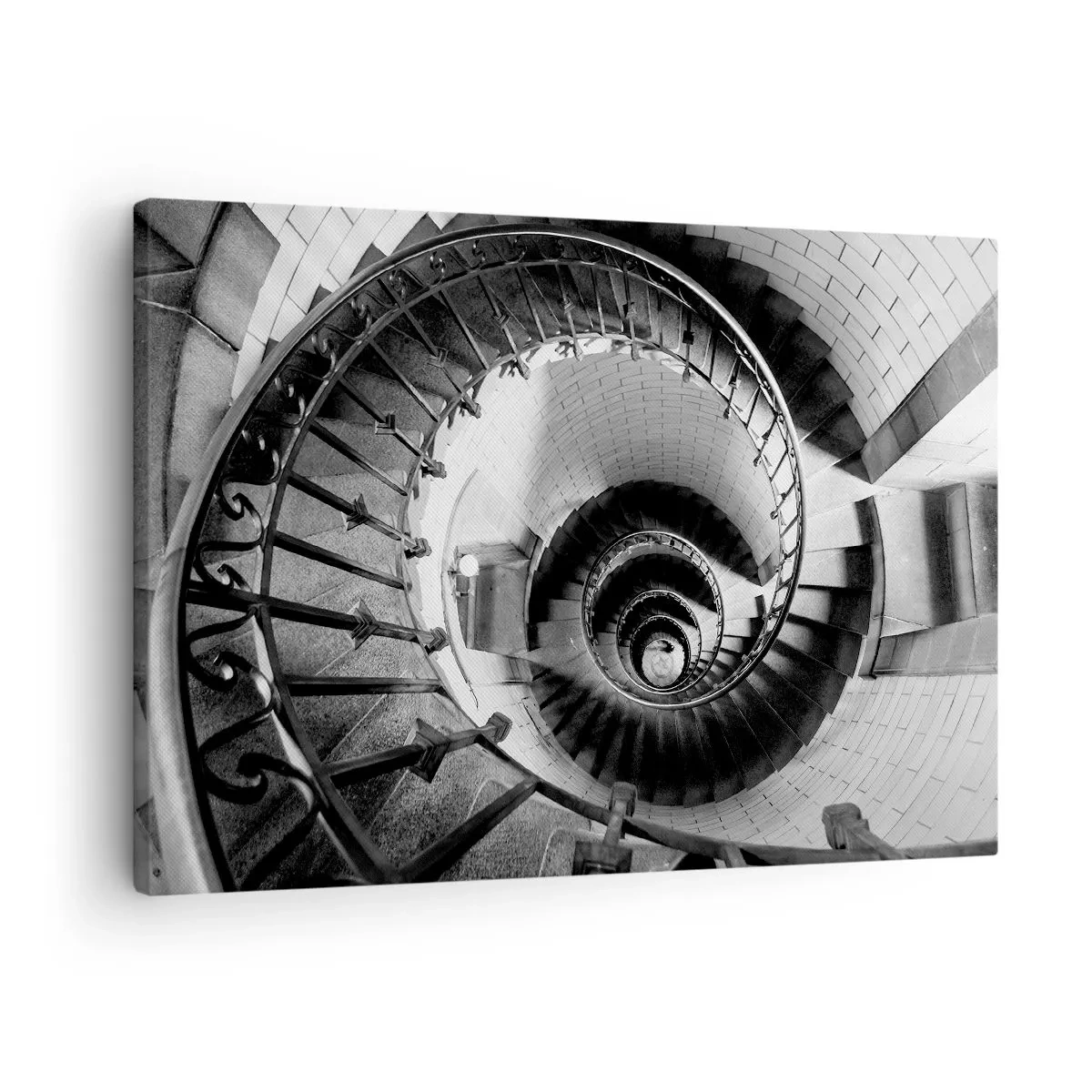 Tablou pe pânză Canvas - Fotografie alb-negru a unei scări în spirală cu perspectivă de sus în jos - 70x50cm - Din ce în ce mai sus - Decorațiune modernă pentru perete pentru living și dormitor ARTTOR