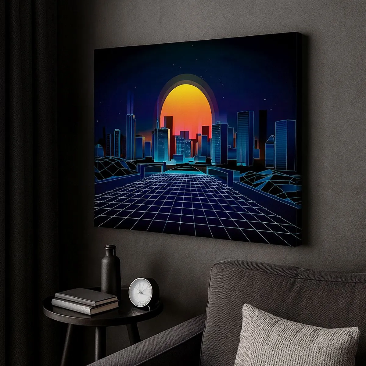 Tablou pe pânză Canvas - Orizont urban futurist în stil neon - 70x50cm - Încă mai vrei să ajungi la lumea reală? - Decorațiune modernă pentru perete pentru living și dormitor ARTTOR