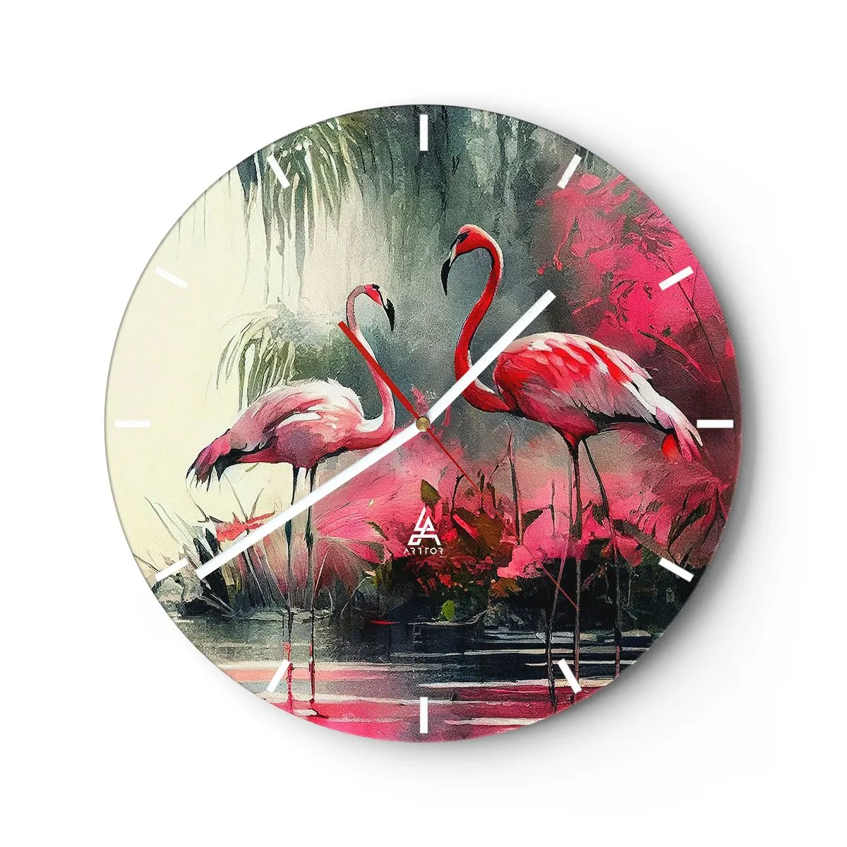 Ceas de perete - Ceas pe sticlă - Doi flamingi într-un decor exotic, roz - 30x30cm - O lecție de farmec natural - Decorațiune modernă pentru perete pentru living, bucătărie și dormitor ARTTOR