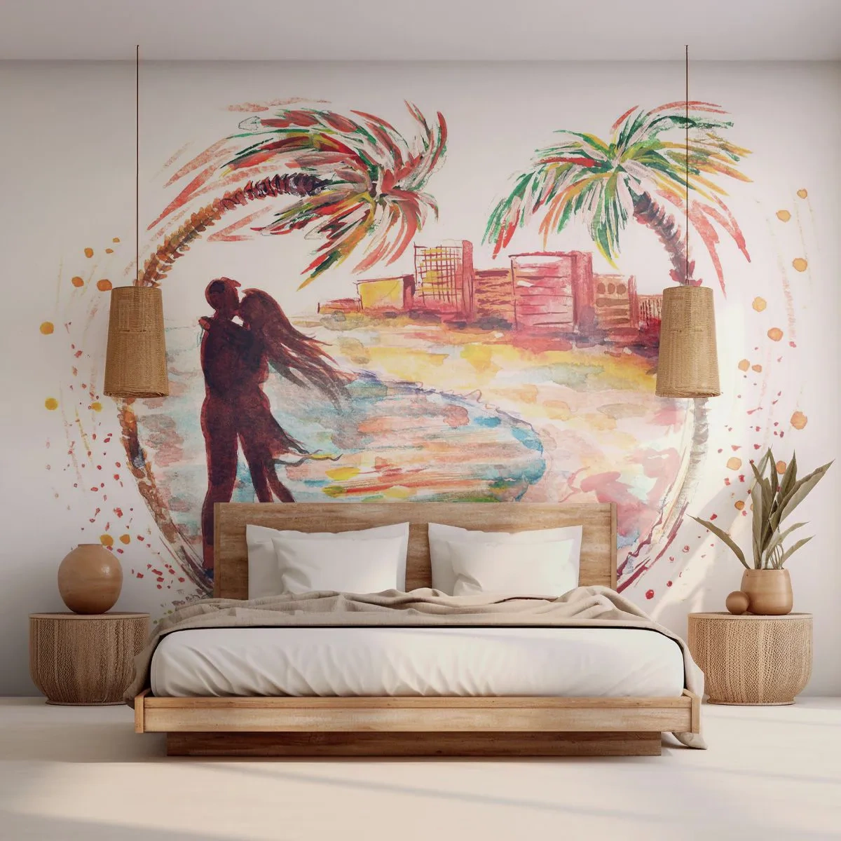 Tapet Premium Sand - Vacanța romantică - oameni, Palmier de nuca de cocos, plajă - 400x280 cm