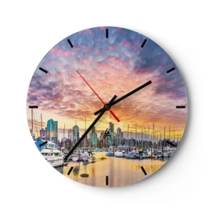 Ceas de perete - Ceas pe sticlă - Marina cu bărci și zgârie-nori în fundal la apus - 30x30cm - Orașul celor o mie de marinari - Decorațiune modernă pentru perete pentru living, bucătărie și dormitor ARTTOR