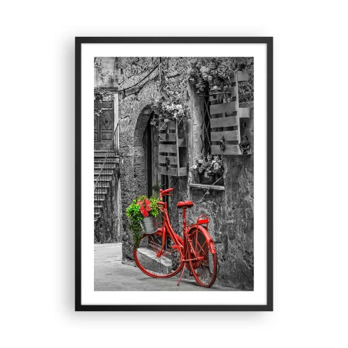 Poster în ramă neagră - O bicicletă roșie cu flori pe o stradă îngustă - 50x70cm - Alee din Toscana - Decorațiune modernă pentru perete pentru living și dormitor ARTTOR