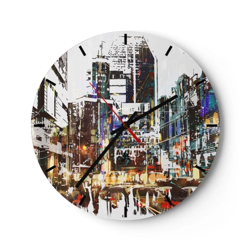 Ceas de perete - Ceas pe sticlă - Panoramă abstractă a orașului în culori intense - 30x30cm - Orașul pâlpâind - Decorațiune modernă pentru perete pentru living, bucătărie și dormitor ARTTOR