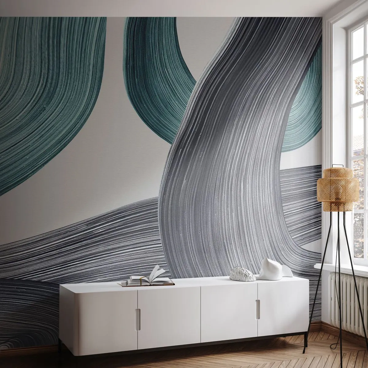 Tapet Standard Eco - Pensule dinamice în smarald și negru - 100x70cm - Trasee de smarald și negru - Decorațiune modernă pentru perete pentru living și dormitor ARTTOR