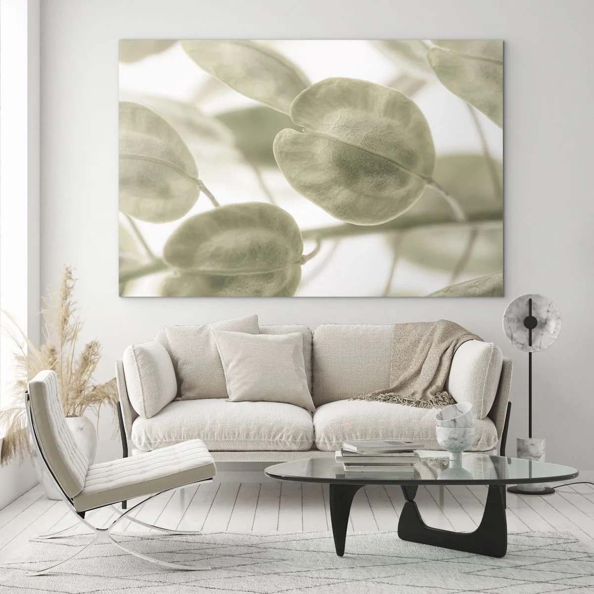 Tablou pe sticlă - Prim-plan cu frunze în nuanțe pastelate de verde - 70x50cm - La început au fost frunzele... - Decorațiune modernă pentru perete pentru living și dormitor ARTTOR
