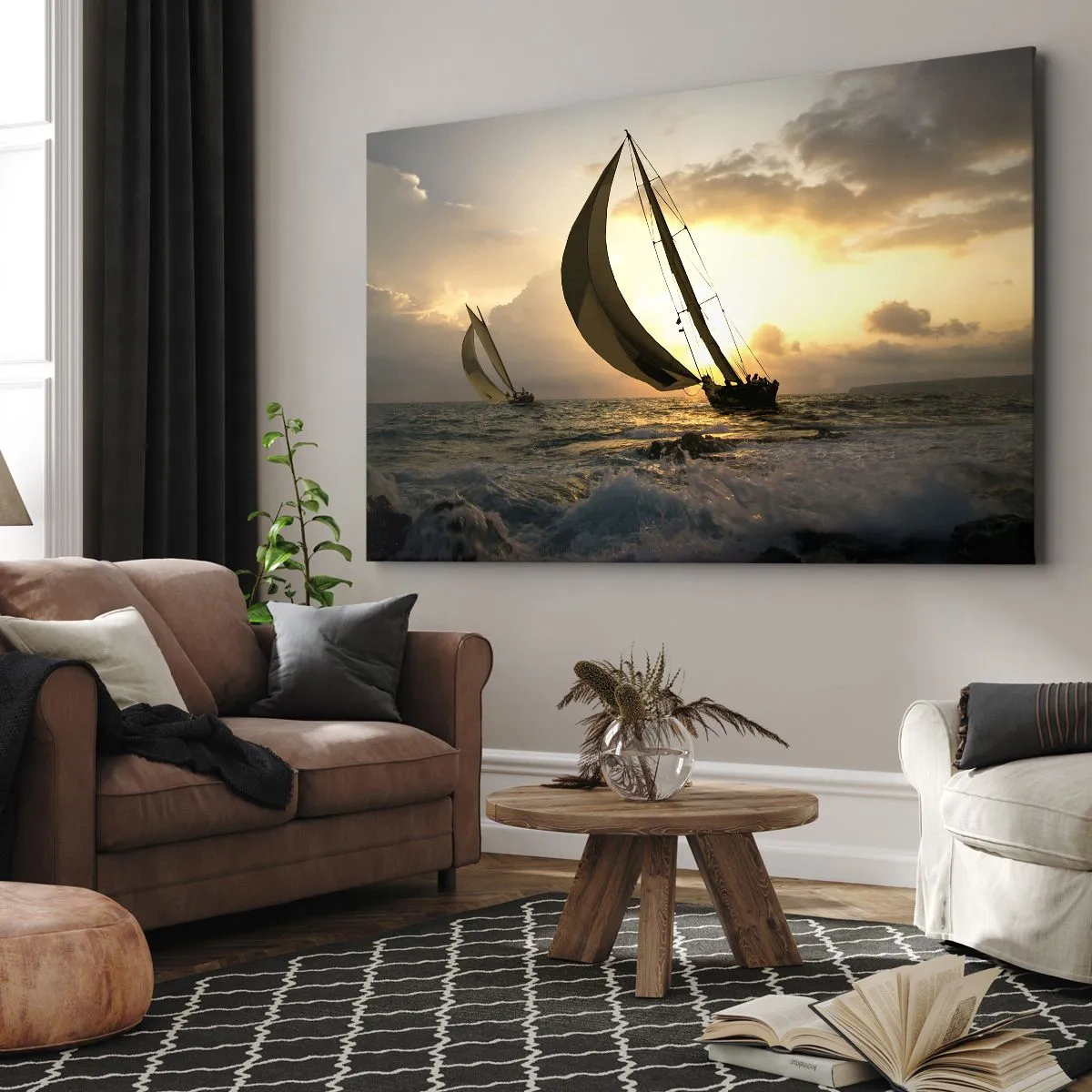 Tablou pe pânză Canvas - Bărci cu pânze pe mare la apusul soarelui - 70x50cm - Vânt în jos și în sus - Decorațiune modernă pentru perete pentru living și dormitor ARTTOR