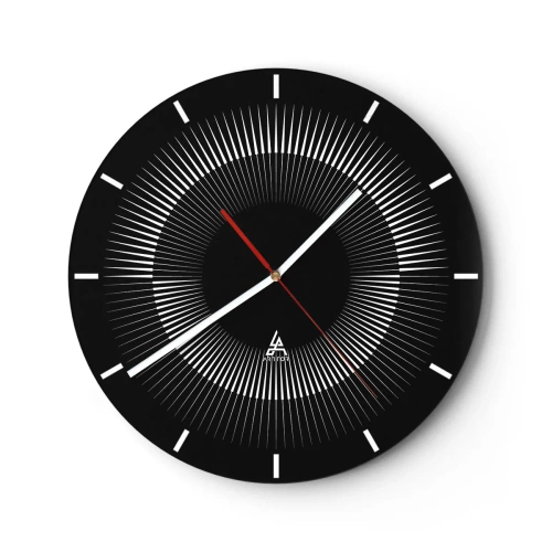Ceas de perete - Ceas pe sticlă - Fundal negru cu un model radiant sub forma unui disc solar - 30x30cm - Soarele Negru - Decorațiune modernă pentru perete pentru living, bucătărie și dormitor ARTTOR
