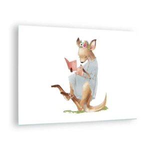 Tablou pe sticlă - O mamă cangur citindu-i o carte unui pui de cangur - 70x50cm - Citește-mi, mamă - Decorațiune modernă pentru perete pentru living și dormitor ARTTOR