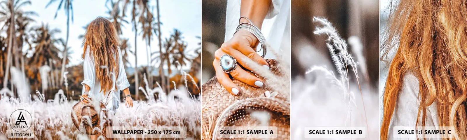 Mostră tapet autocolant Deluxe Sticker - Născută din puful de iarbă - Femeie, Epocă, Boho - 100x30 cm