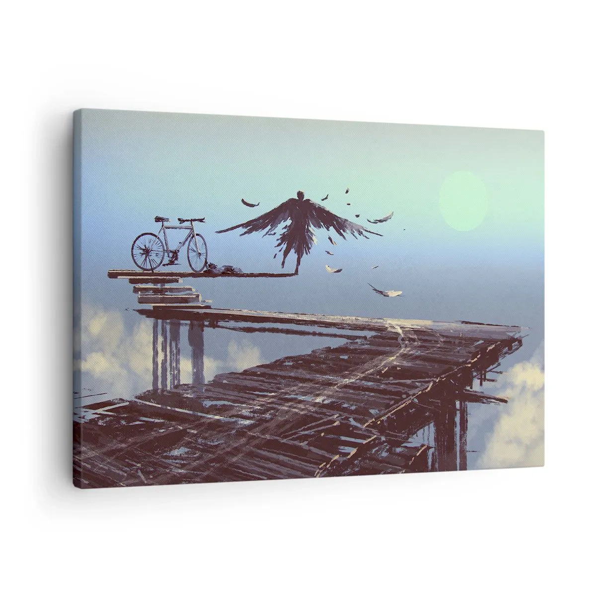 Tablou pe pânză Canvas - O siluetă cu pene plutește deasupra unui pod de lemn lângă o bicicletă. - 70x50cm - Icarus veșnic viu - Decorațiune modernă pentru perete pentru living și dormitor ARTTOR