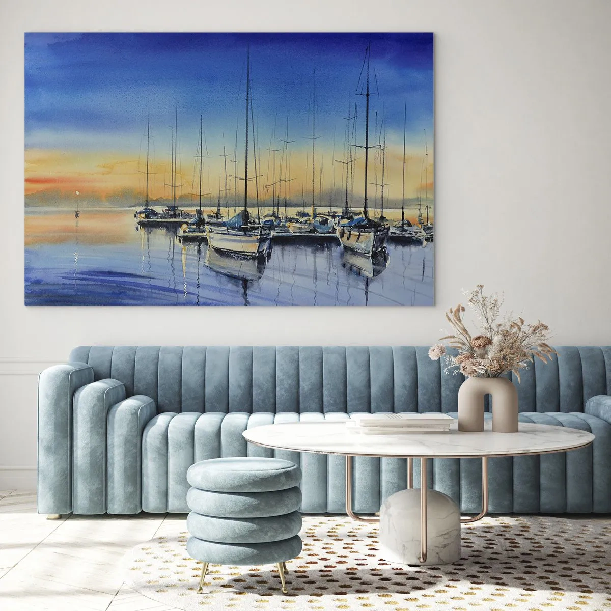 Tablou pe sticlă - Bărci cu pânze în port la apus - 70x50cm - Sfârșitul unei zile bune - Decorațiune modernă pentru perete pentru living și dormitor ARTTOR