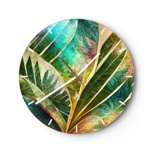 Ceas de perete - Ceas pe sticlă - Frunze tropicale colorate în nuanțe intense de verde - 30x30cm - Culorile tropicelor - Decorațiune modernă pentru perete pentru living, bucătărie și dormitor ARTTOR