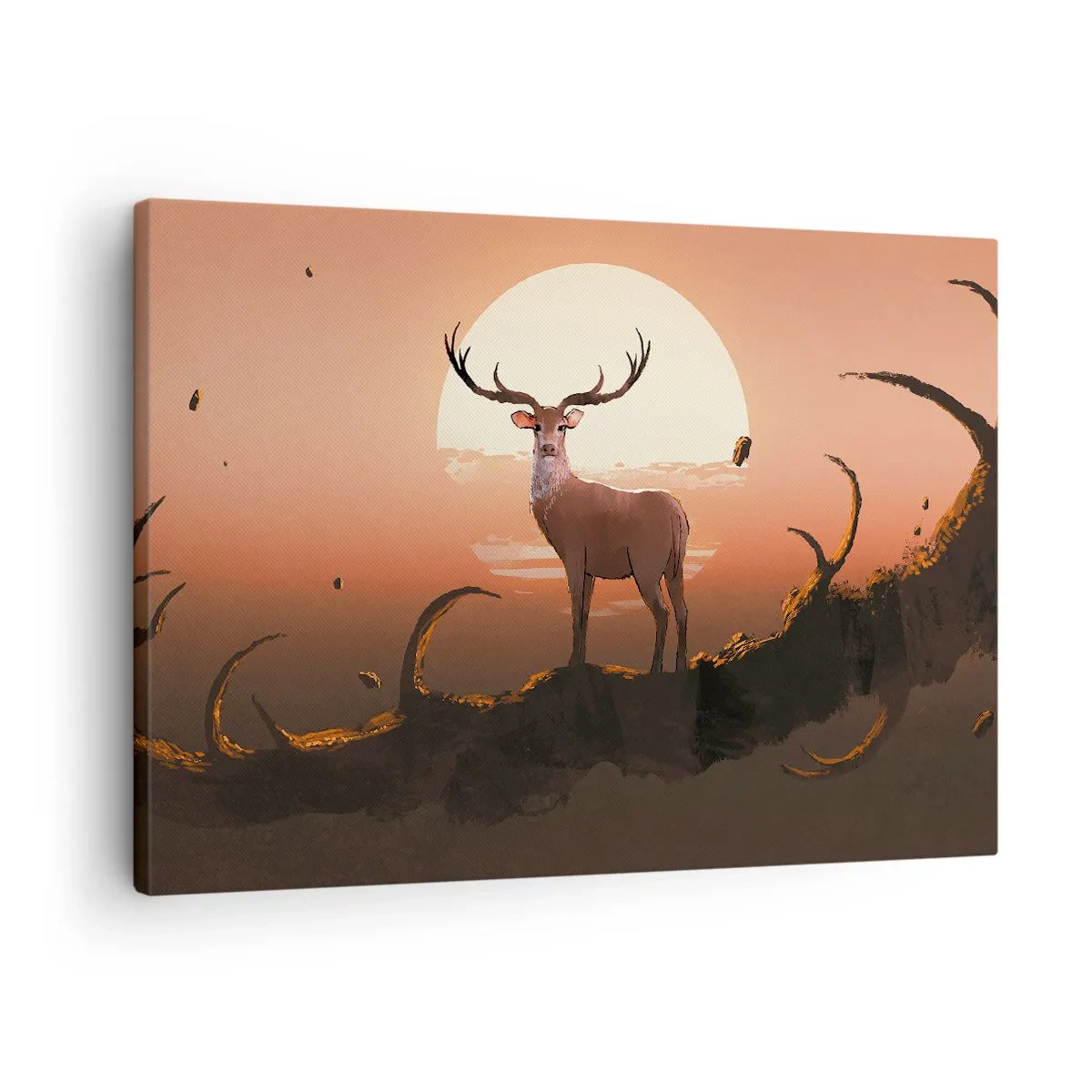 Tablou pe pânză Canvas - Un cerb pe fundalul apusului de soare și al unui peisaj suprarealist - 70x50cm - Această noapte este diferită de oricare alta - Decorațiune modernă pentru perete pentru living și dormitor ARTTOR