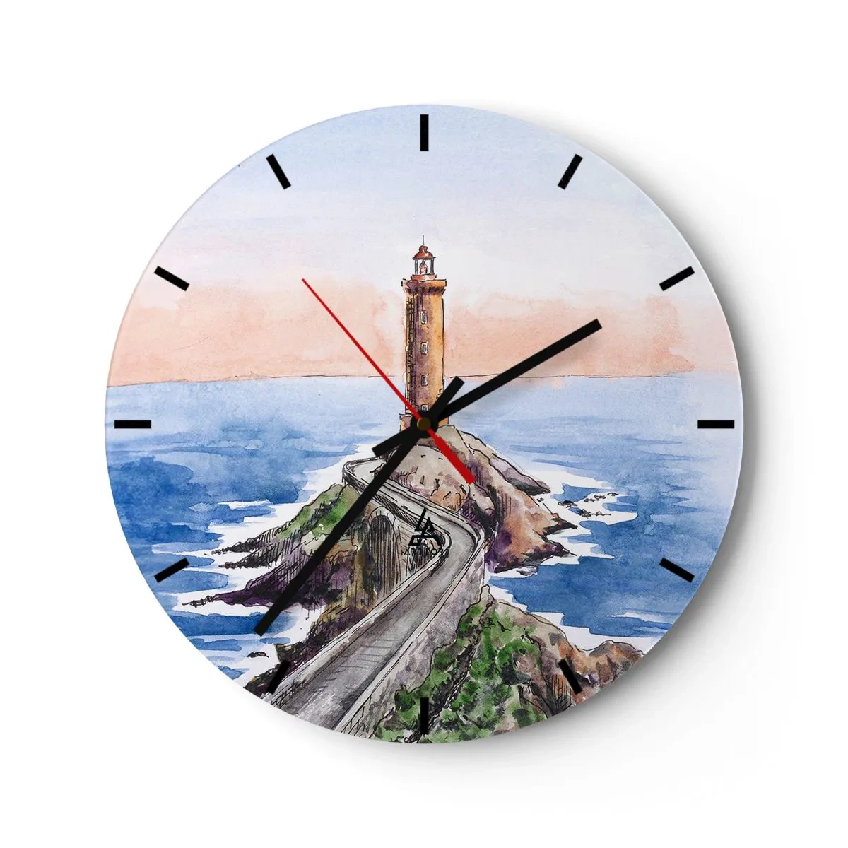 Ceas de perete - Ceas pe sticlă - Un far pe un promontoriu în stil acuarelă - 30x30cm - Cu fața la mare - Decorațiune modernă pentru perete pentru living, bucătărie și dormitor ARTTOR
