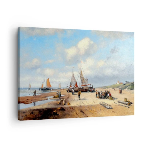 Tablou pe pânză Canvas - Bărci de pescuit pe plajă cu figuri umane - 70x50cm - Pescuit de succes - Decorațiune modernă pentru perete pentru living și dormitor ARTTOR