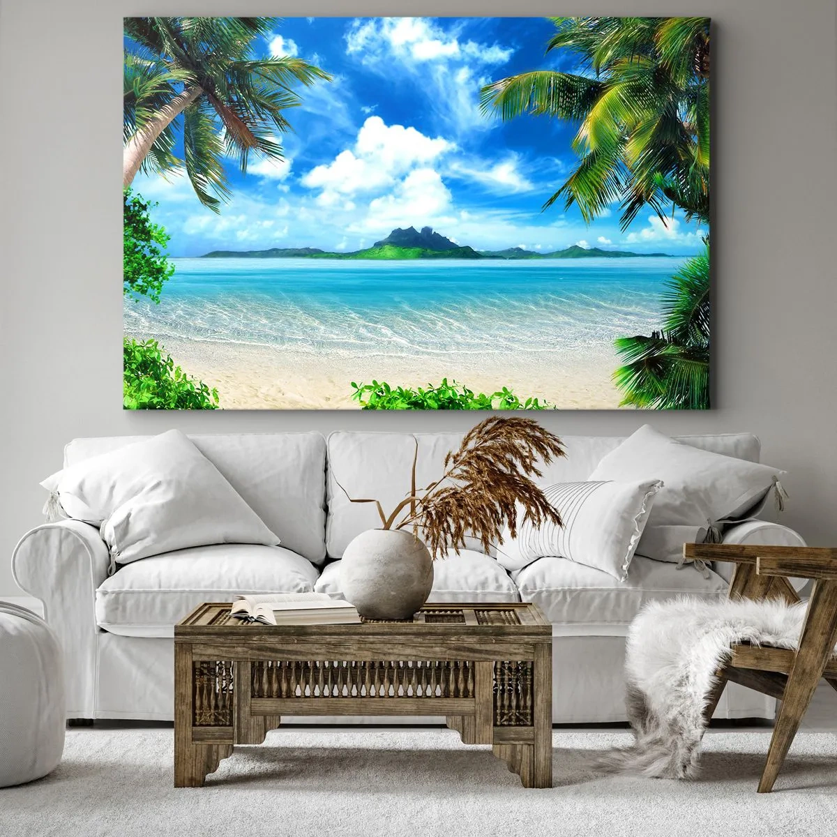 Tablou pe pânză Canvas - Plajă tropicală cu palmieri și vedere la o insulă - 70x50cm - Azur de la tropice - Decorațiune modernă pentru perete pentru living și dormitor ARTTOR
