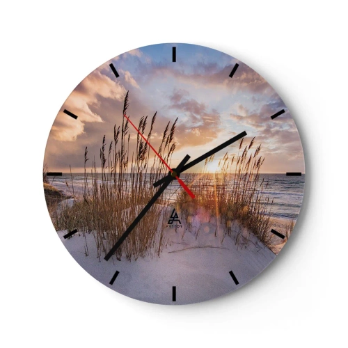 Ceas de perete - Ceas pe sticlă - Apus de soare peste mare cu nisip și iarbă pe dune - 30x30cm - Adio soare și vânt - Decorațiune modernă pentru perete pentru living, bucătărie și dormitor ARTTOR