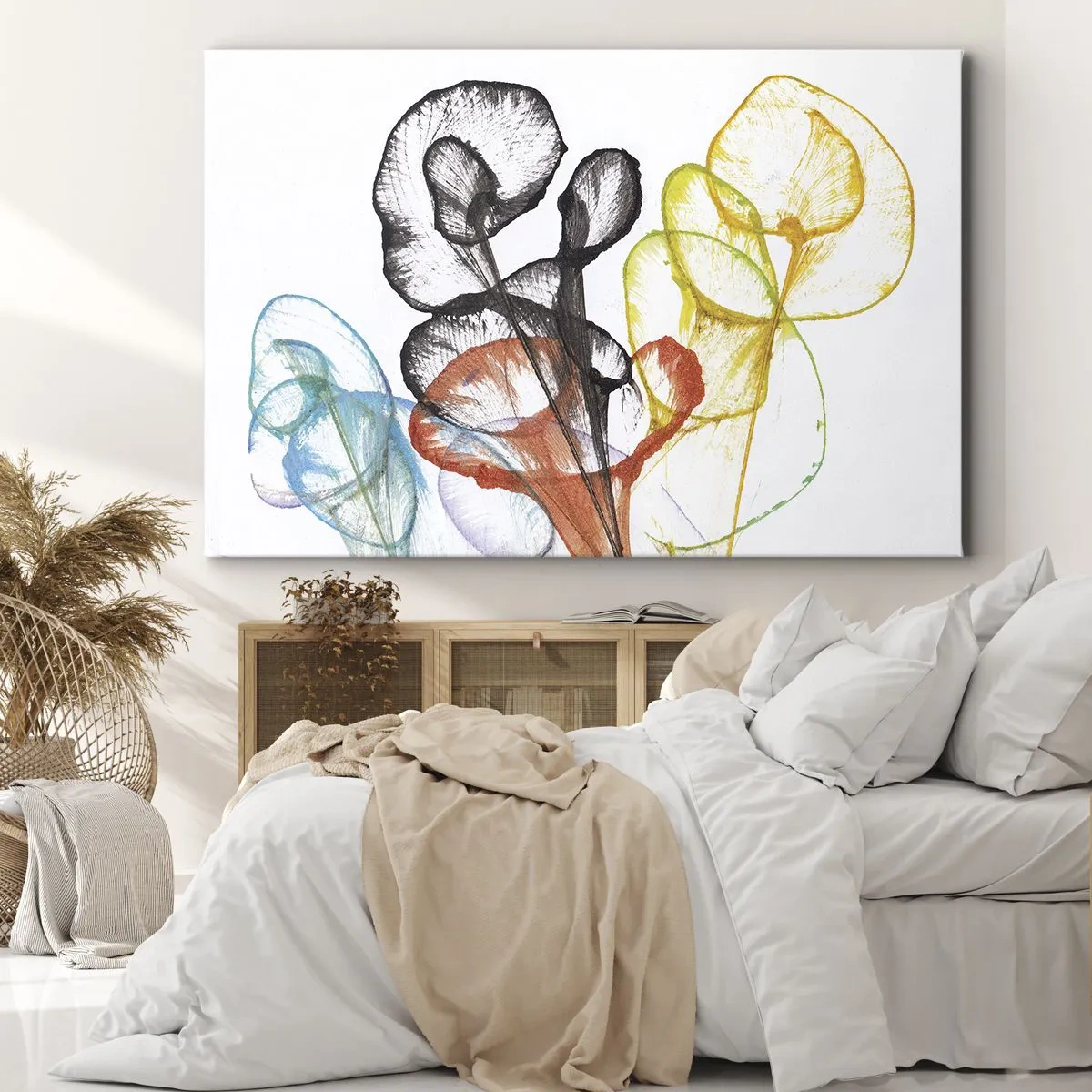 Tablou pe pânză Canvas - Flori transparente colorate pe fundal alb - 70x50cm - Flori cu suflete - Decorațiune modernă pentru perete pentru living și dormitor ARTTOR