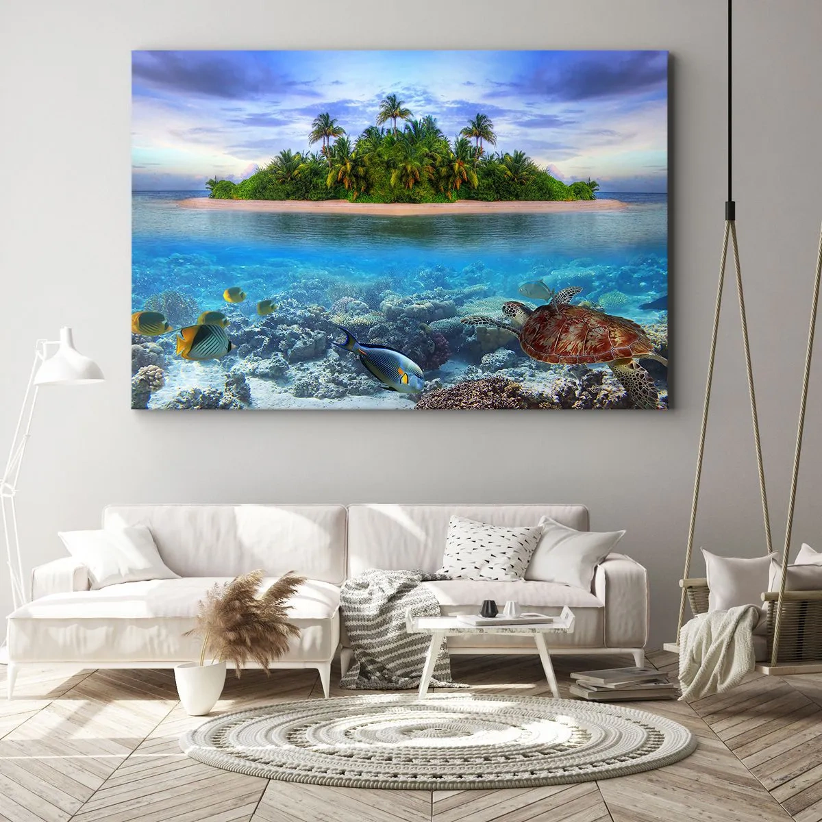 Tablou pe pânză Canvas - insulă tropicală înconjurată de un ocean turcoaz, cu un recif de corali și pești. - 70x50cm - Insula paradisiacă vă invită - Decorațiune modernă pentru perete pentru living și dormitor ARTTOR