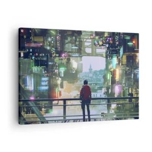 Tablou pe pânză Canvas - figură într-un oraș futurist cu lumini de neon - 70x50cm - Două lumi - Decorațiune modernă pentru perete pentru living și dormitor ARTTOR