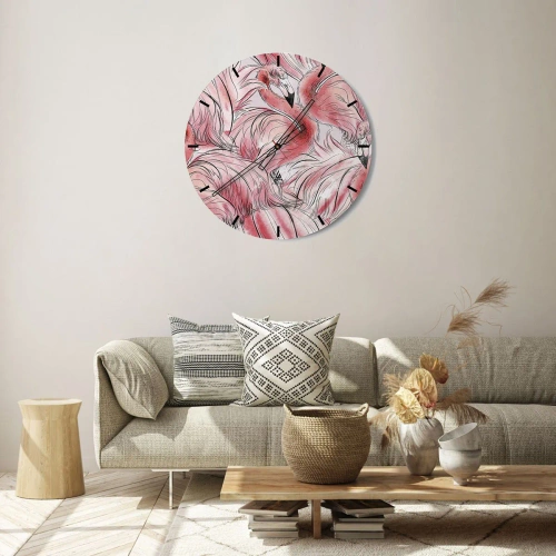 Ceas de perete - Ceas pe sticlă - Flamingi roz într-o compoziție dinamică și artistică - 30x30cm - Corpul de balet al păsărilor - Decorațiune modernă pentru perete pentru living, bucătărie și dormitor ARTTOR