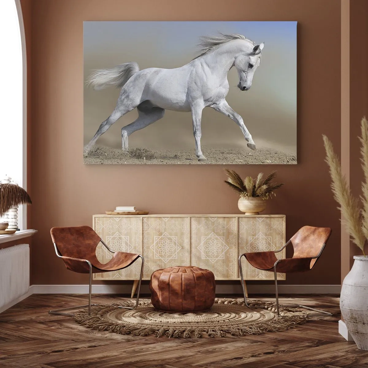 Tablou pe pânză Canvas - Un cal alb galopând printr-un peisaj deșertic - 70x50cm - Cea mai frumoasă poveste arabă - Decorațiune modernă pentru perete pentru living și dormitor ARTTOR