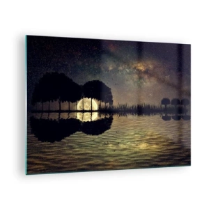 Tablou pe sticlă - Scenă nocturnă cu lună plină reflectată în apă - 70x50cm - O noapte la capătul lumii - Decorațiune modernă pentru perete pentru living și dormitor ARTTOR