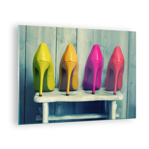 Tablou pe sticlă - Patru ace colorați aranjați pe o bancă de lemn - 70x50cm - Mergând pe un curcubeu - Decorațiune modernă pentru perete pentru living și dormitor ARTTOR