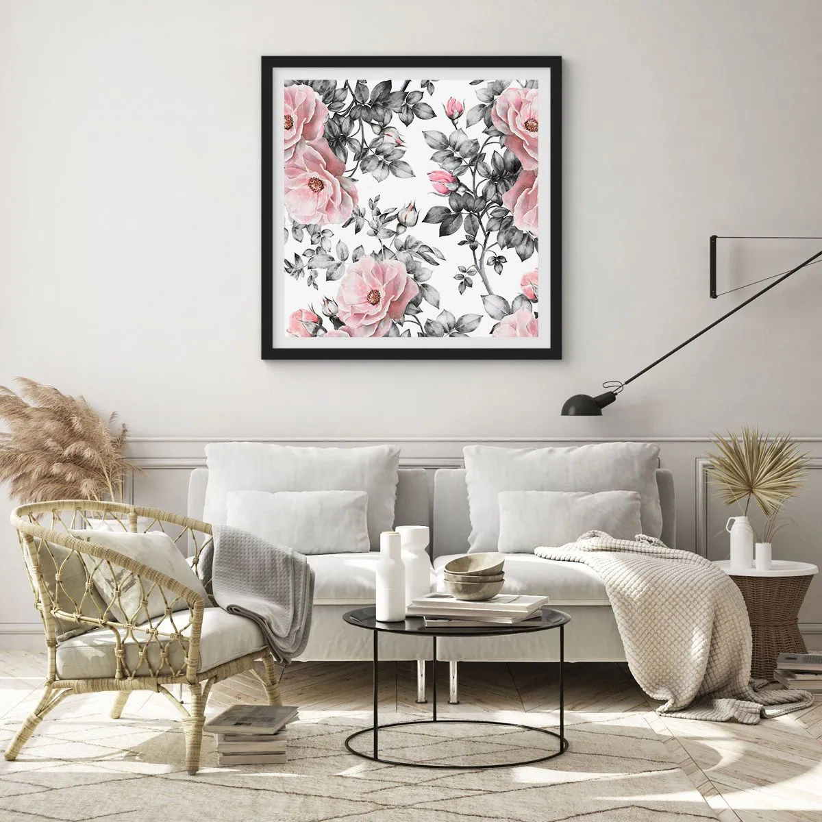 Poster în ramă neagră - Pierde-te în florile de trandafir - 30x30 cm