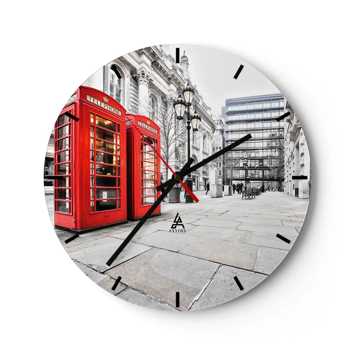 Ceas de perete - Ceas pe sticlă - Cabine telefonice roșii într-un cadru urban - 30x30cm - Welcome to London - Decorațiune modernă pentru perete pentru living, bucătărie și dormitor ARTTOR