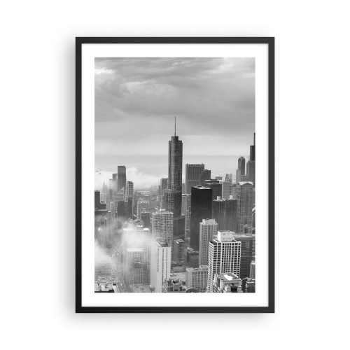 Poster în ramă neagră - Vedere alb-negru a orizontului orașului cu zgârie-nori în nori - 50x70cm - Peisaj american - Decorațiune modernă pentru perete pentru living și dormitor ARTTOR