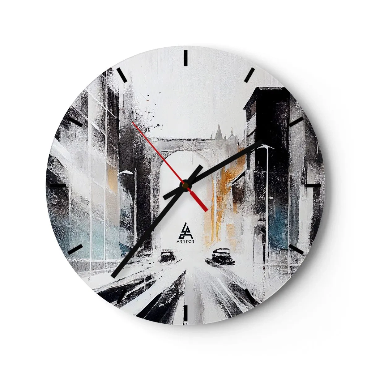 Ceas de perete - Ceas pe sticlă - viziune picturală a unei străzi de oraș cu mașini și clădiri - 30x30cm - Studiu de oraș: arhitectură și mișcare - Decorațiune modernă pentru perete pentru living, bucătărie și dormitor ARTTOR