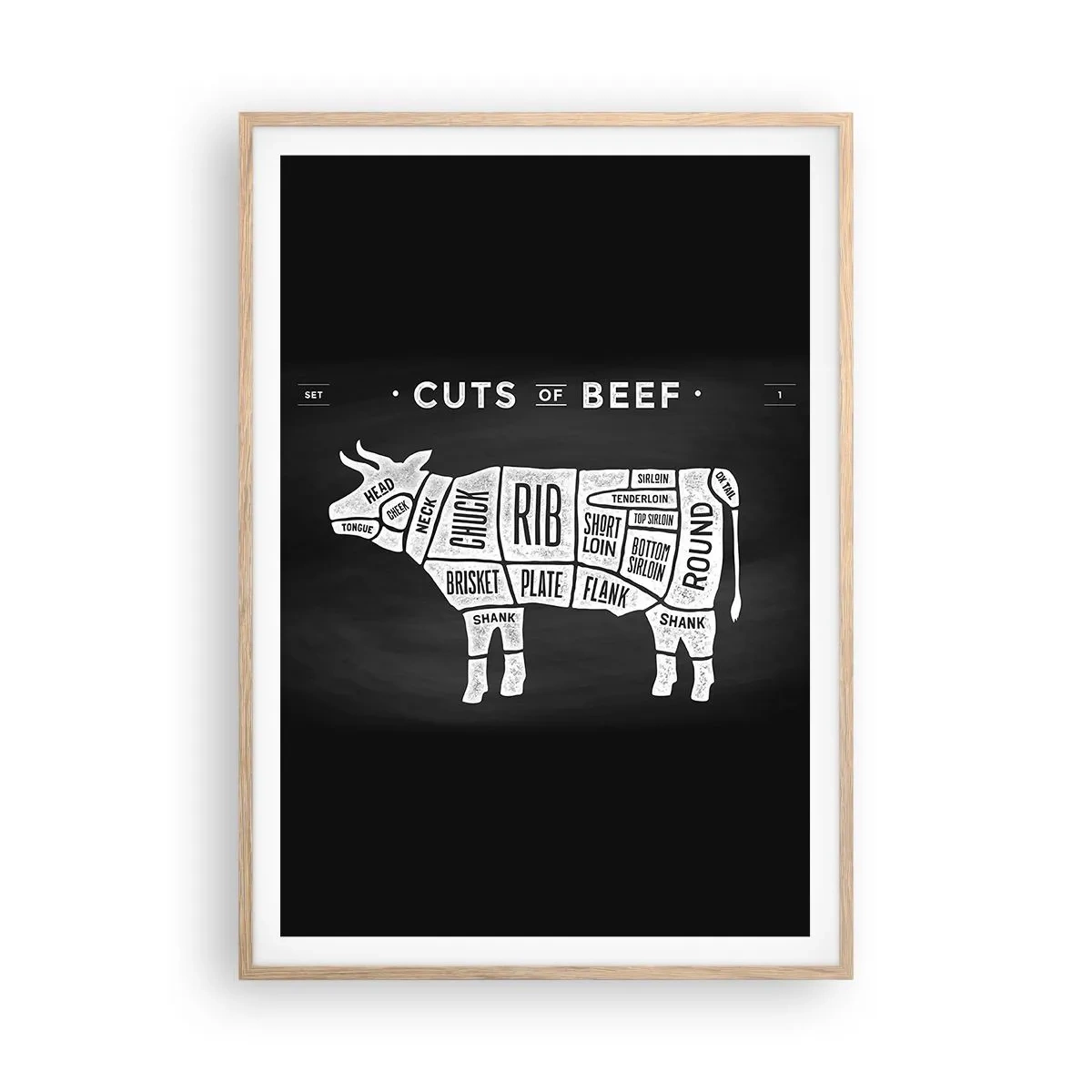 Poster în ramă de stejar deschis - Abecedar de măcelar - 70x100 cm