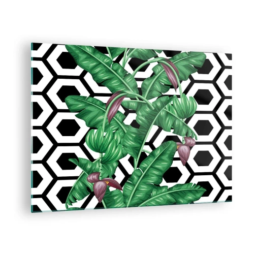 Tablou pe sticlă - Frunze și flori tropicale pe un fundal cu model geometric alb-negru - 70x50cm - Compoziție simetrică din natură - Decorațiune modernă pentru perete pentru living și dormitor ARTTOR