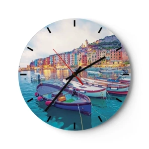 Ceas de perete - Ceas pe sticlă - Port de pe malul mării colorat cu bărci la apus - 30x30cm - O seară plină de culoare în port - Decorațiune modernă pentru perete pentru living, bucătărie și dormitor ARTTOR