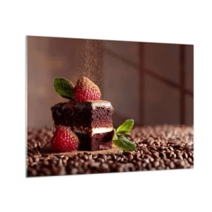 Tablou pe sticlă - Desert de ciocolată cu zmeură și frunze de mentă - 70x50cm - Viața este dulce - Decorațiune modernă pentru perete pentru living și dormitor ARTTOR