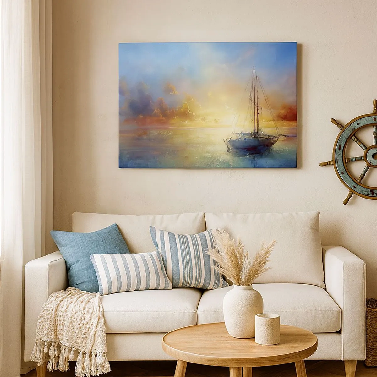 Tablou pe pânză Canvas - Un iaht pe o mare calmă la apus - 70x50cm - Într-un golf de aur - Decorațiune modernă pentru perete pentru living și dormitor ARTTOR