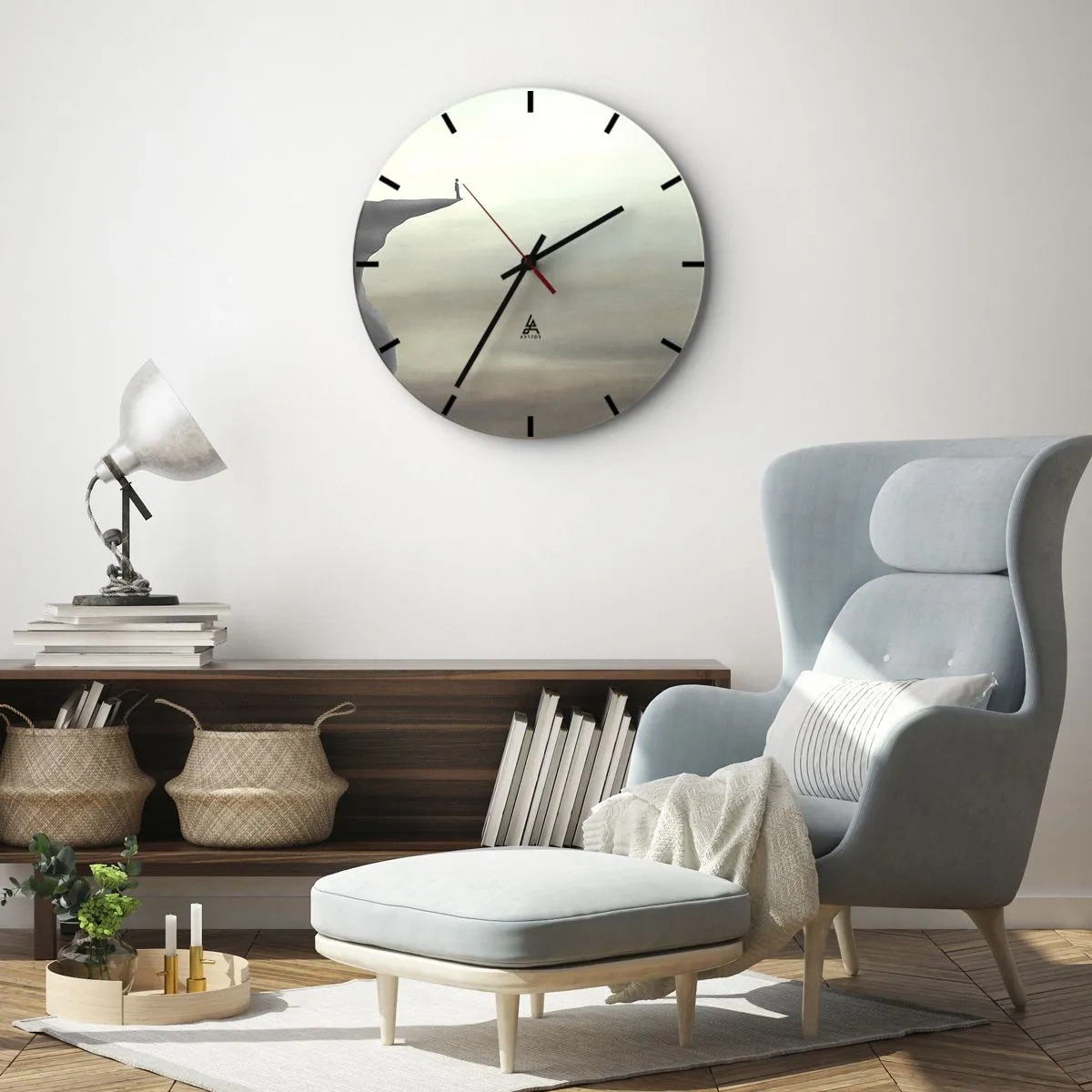 Ceas de perete - Ceas pe sticlă - O figură stând pe marginea unei stânci într-un peisaj minimalist - 30x30cm - În sus, bineînțeles! - Decorațiune modernă pentru perete pentru living, bucătărie și dormitor ARTTOR