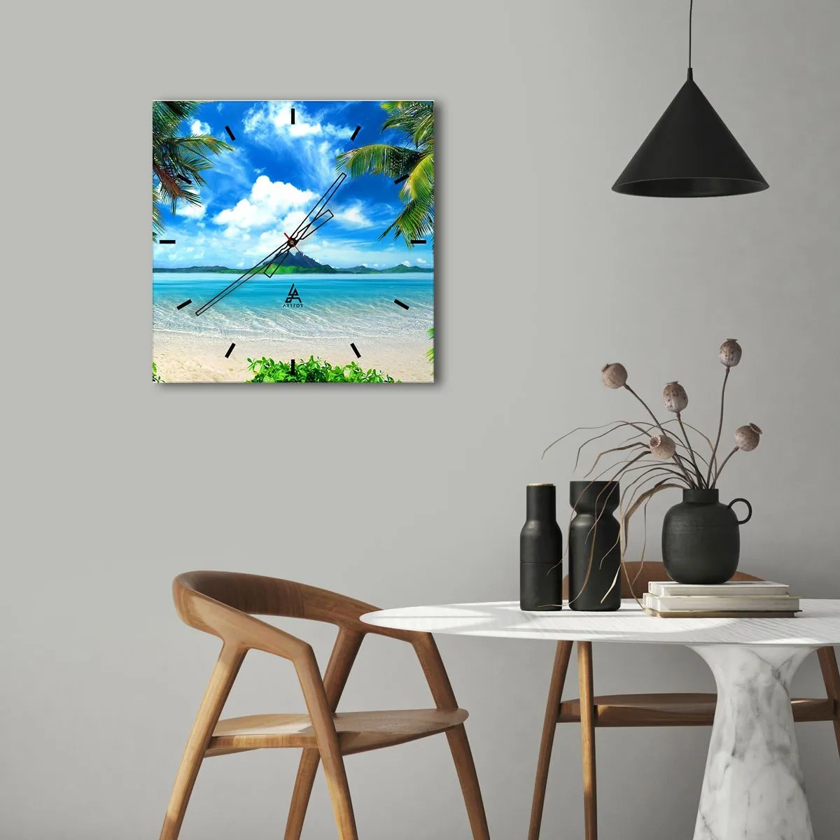 Ceas de perete - Ceas pe sticlă - Azur de la tropice - 40x40 cm