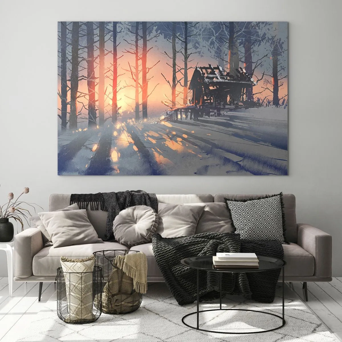 Tablou pe sticlă - Pădure de iarnă la apus cu o cabană în fundal - 70x50cm - Doar soarele se strecoară - Decorațiune modernă pentru perete pentru living și dormitor ARTTOR