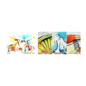 Mostră tapet Premium Canvas - Doi pe o bicicletă - Abstracția, Bicicleta, Păsări - 100x30 cm