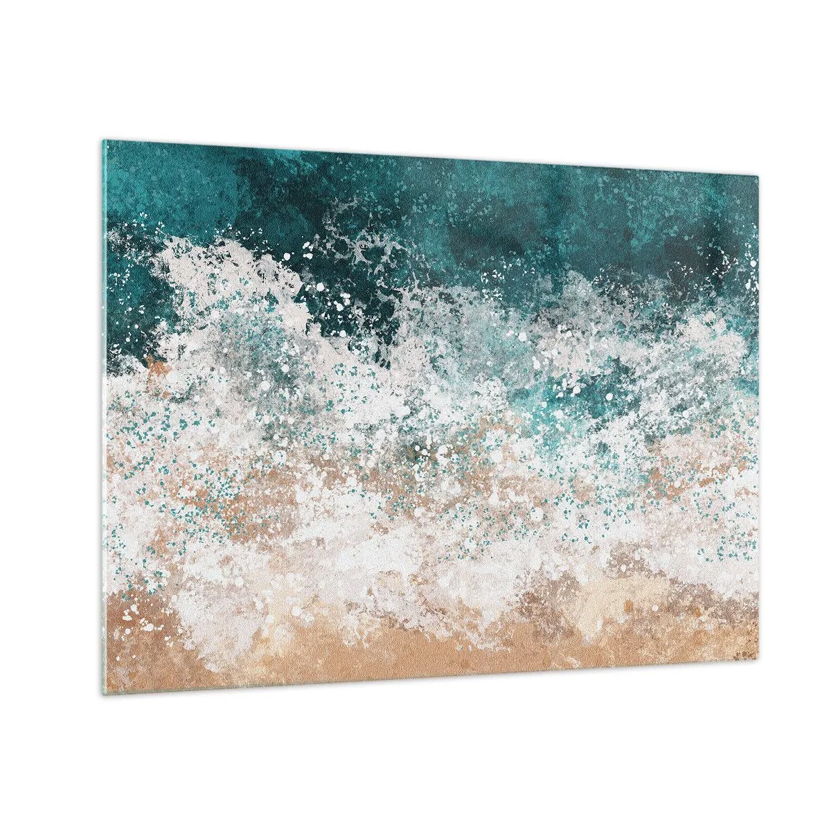 Tablou pe sticlă - Valuri abstracte ale mării în nuanțe de turcoaz, alb și bej nisipos - 70x50cm - Povești despre mare - Decorațiune modernă pentru perete pentru living și dormitor ARTTOR