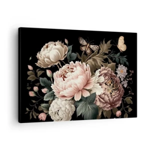 Tablou pe pânză Canvas - Un buchet de flori roz și fluturi pe fundal negru - 70x50cm - În stil baroc - Decorațiune modernă pentru perete pentru living și dormitor ARTTOR