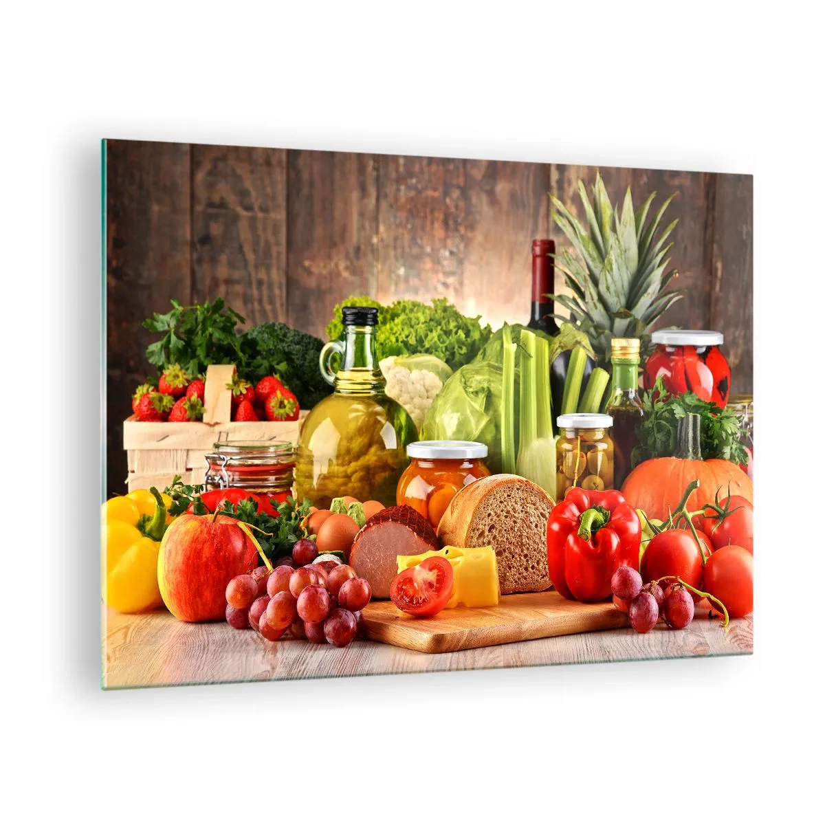 Tablou pe sticlă - Legume colorate, fructe, pâine și conserve pe un fundal de lemn - 70x50cm - Afumate, prăjite, marinate - Decorațiune modernă pentru perete pentru living și dormitor ARTTOR