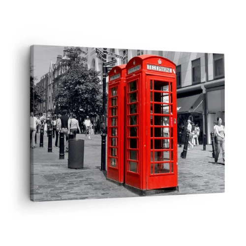 Tablou pe pânză Canvas - Cabine telefonice roșii pe un fundal urban alb-negru. - 70x50cm - Cabine telefonice roșii - Decorațiune modernă pentru perete pentru living și dormitor ARTTOR