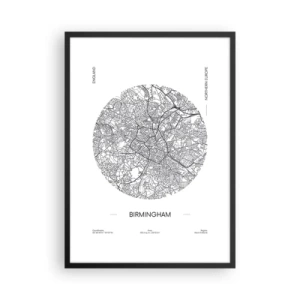 Poster în ramă neagră - O hartă minimalistă alb-negru a orașului Birmingham - 50x70cm - Anatomia Birmingham - Decorațiune modernă pentru perete pentru living și dormitor ARTTOR