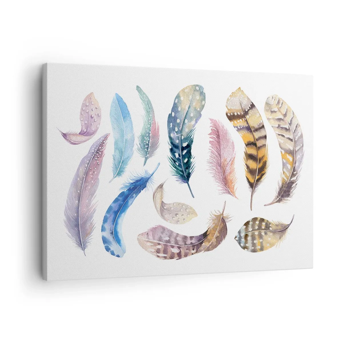 Tablou pe pânză Canvas - Pene colorate într-un stil delicat de acuarelă - 70x50cm - Ușoare și colorate - Decorațiune modernă pentru perete pentru living și dormitor ARTTOR
