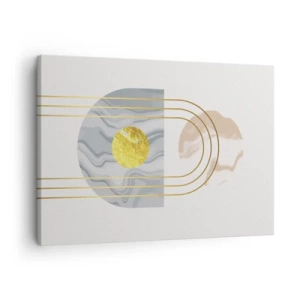 Tablou pe pânză Canvas - Compoziție abstractă cu cercuri și linii aurii pe un fundal deschis. - 70x50cm - Lumină și strălucire - Decorațiune modernă pentru perete pentru living și dormitor ARTTOR